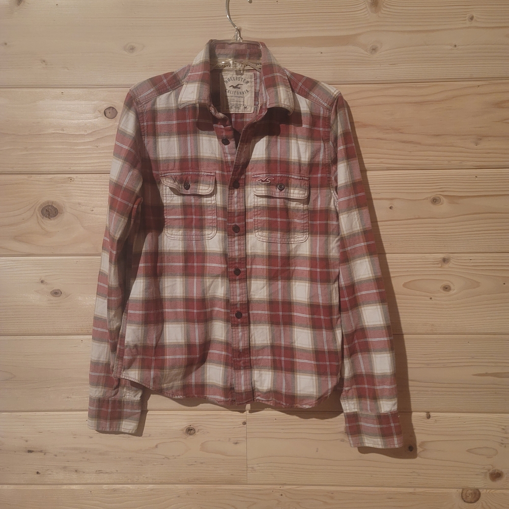 Hollister Red and Cream Plaid Casual Button Down Shirt Size M 20x26